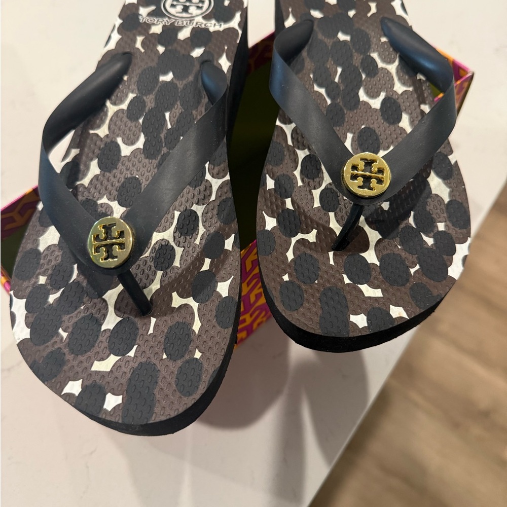 Tory Burch Wedge Flip Flops - Black and Brown Pattern
